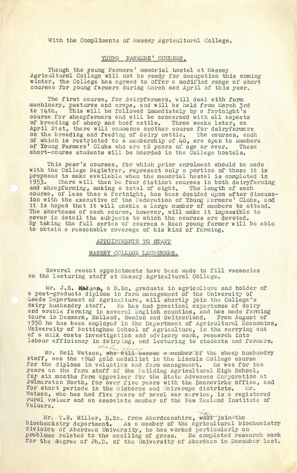 Massey Agricultural College Old Students Association news, 1952