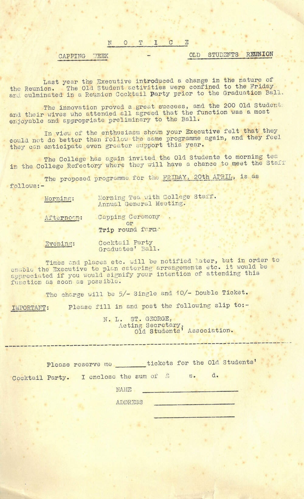 Massey Agricultural College Old Students Association capping week attendance form, 1951