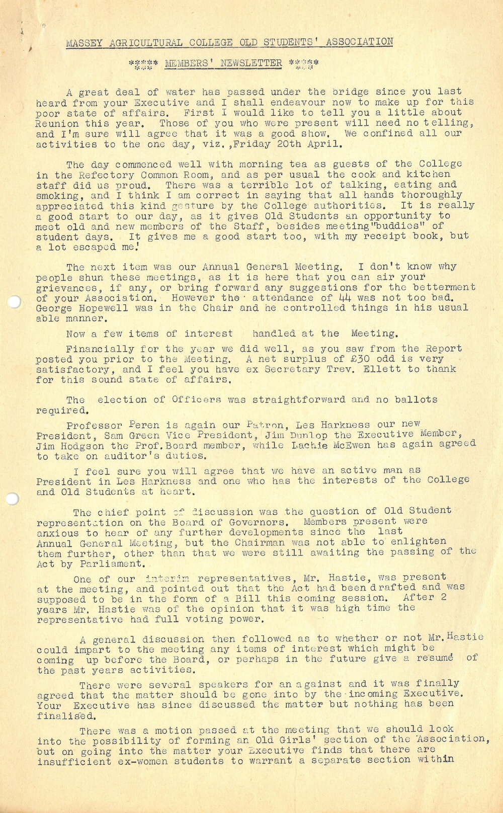Massey Agricultural College Old Students Association members newsletter, 1951