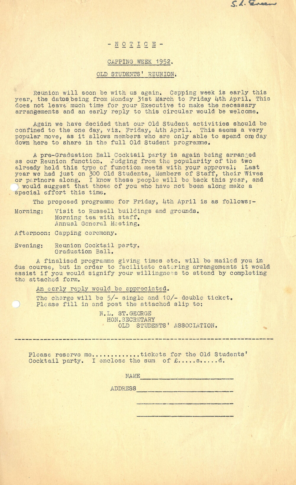 Massey Agricultural College Old Students Association capping week attendance form, 1952