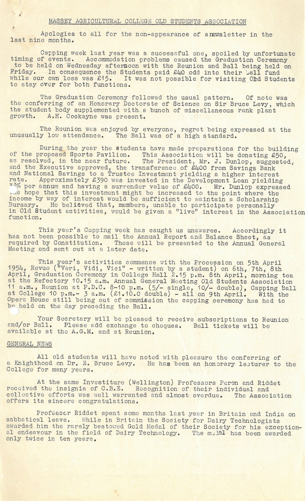Massey Agricultural College Old Students Association newsletter, 1954