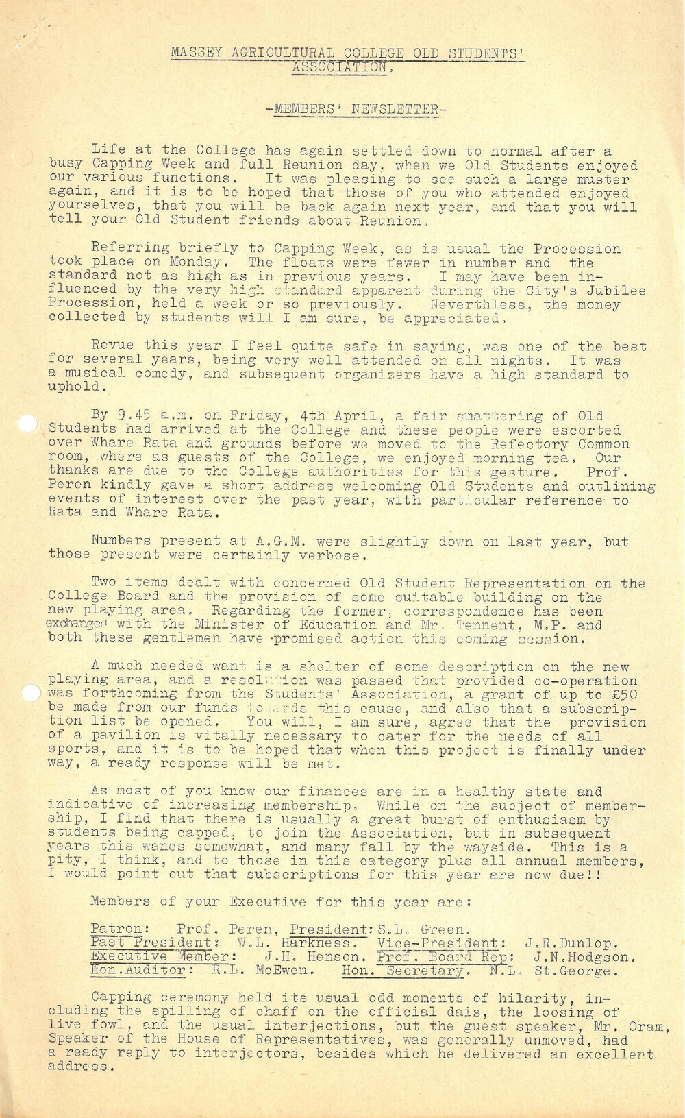 Massey Agricultural College Old Students Association members newsletter, 1952