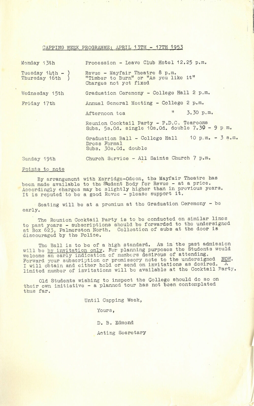 Massey Agricultural College Old Students Association capping week programme, April 1953