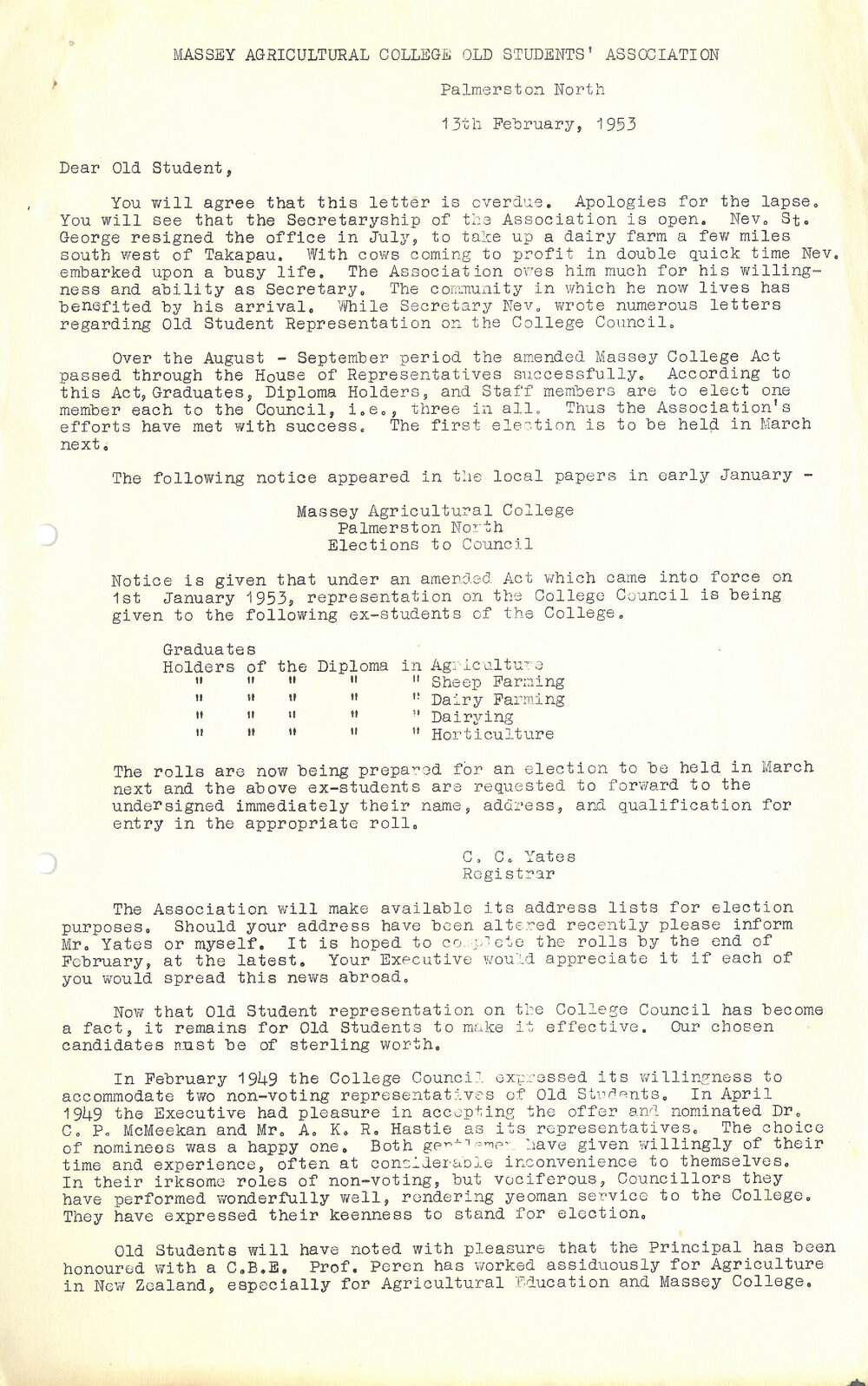 Massey Agricultural College Old Students Association newsletter, 13 February 1953