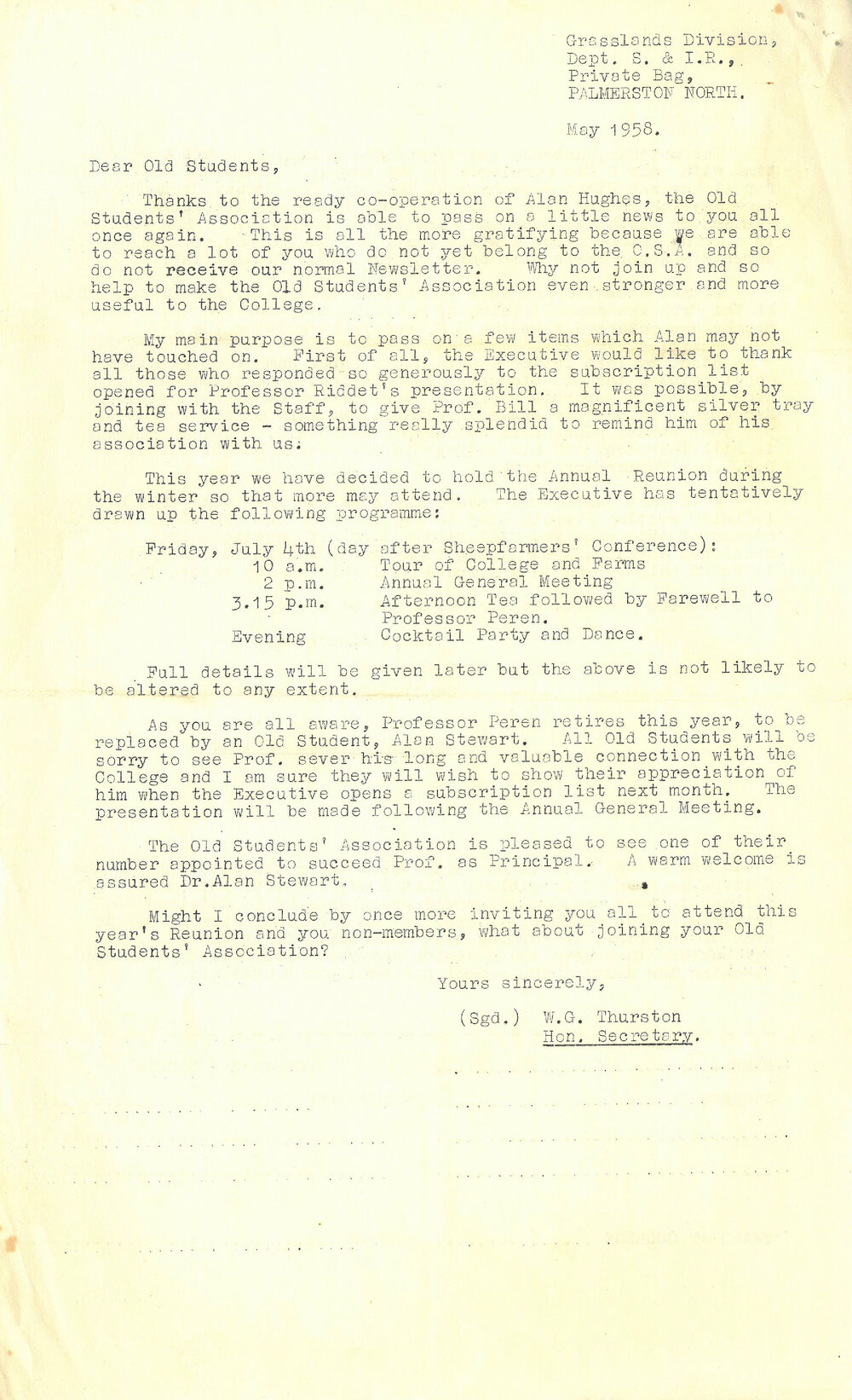 Massey Agricultural College Old Students Association letter, May 1958