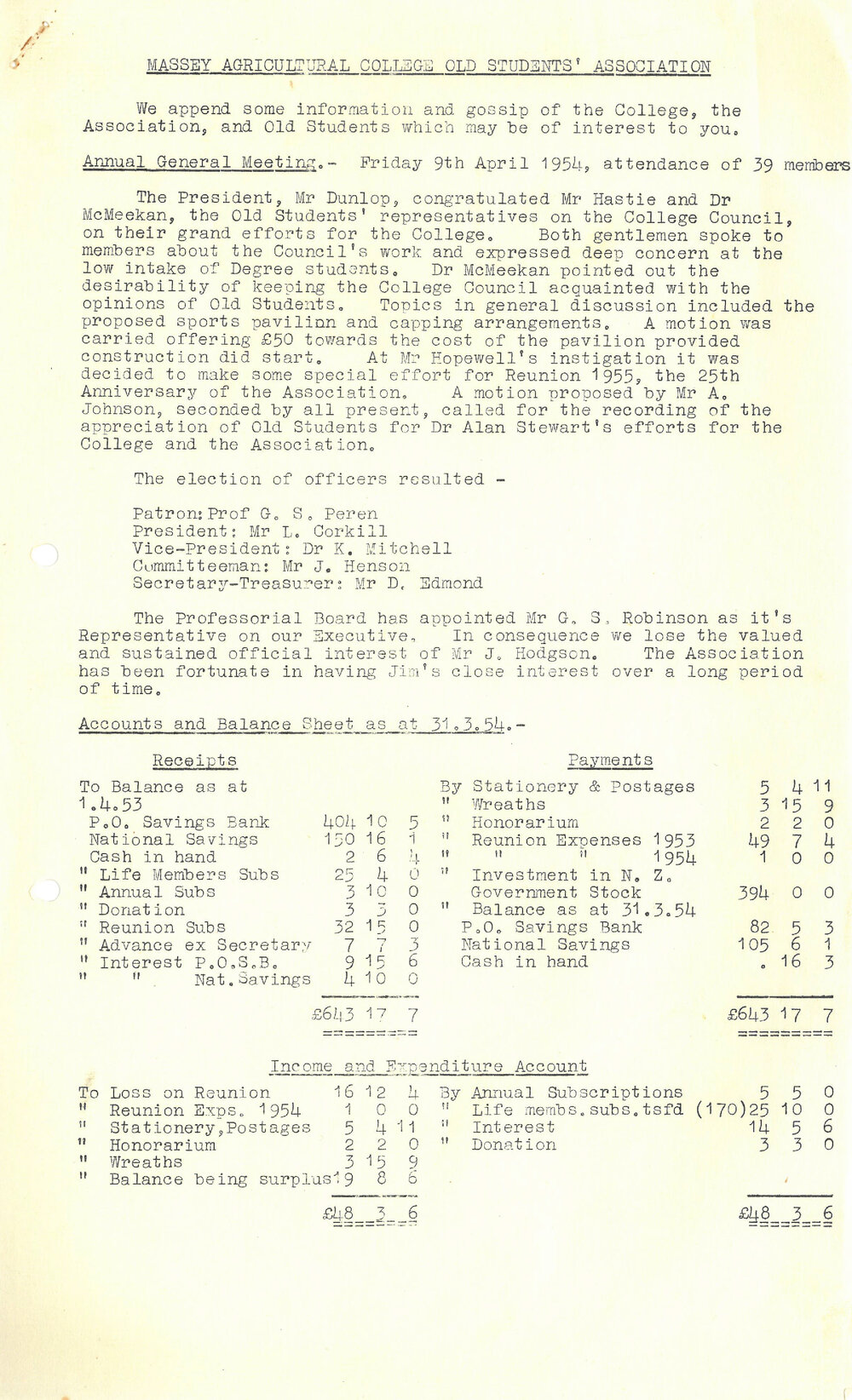 Massey Agricultural College Old Students Association news, 1954