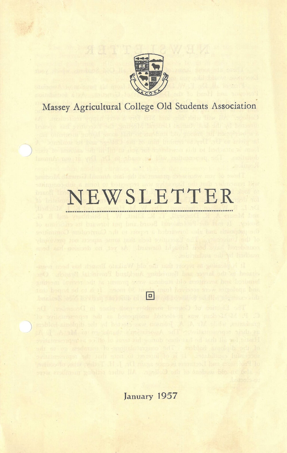 Massey Agricultural College Old Students Association newsletter, January 1957