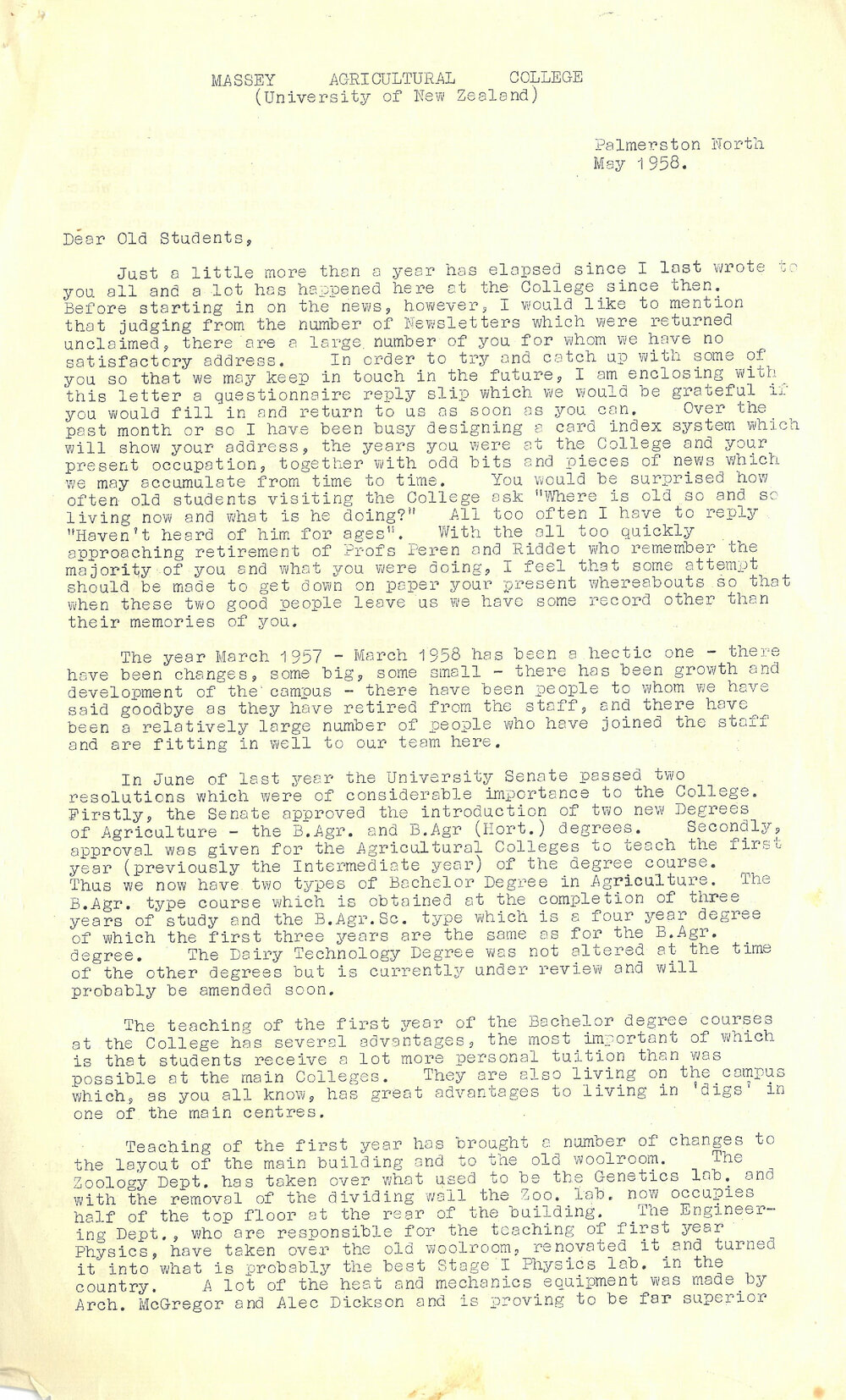Massey Agricultural College Old Students Association letter, May 1958