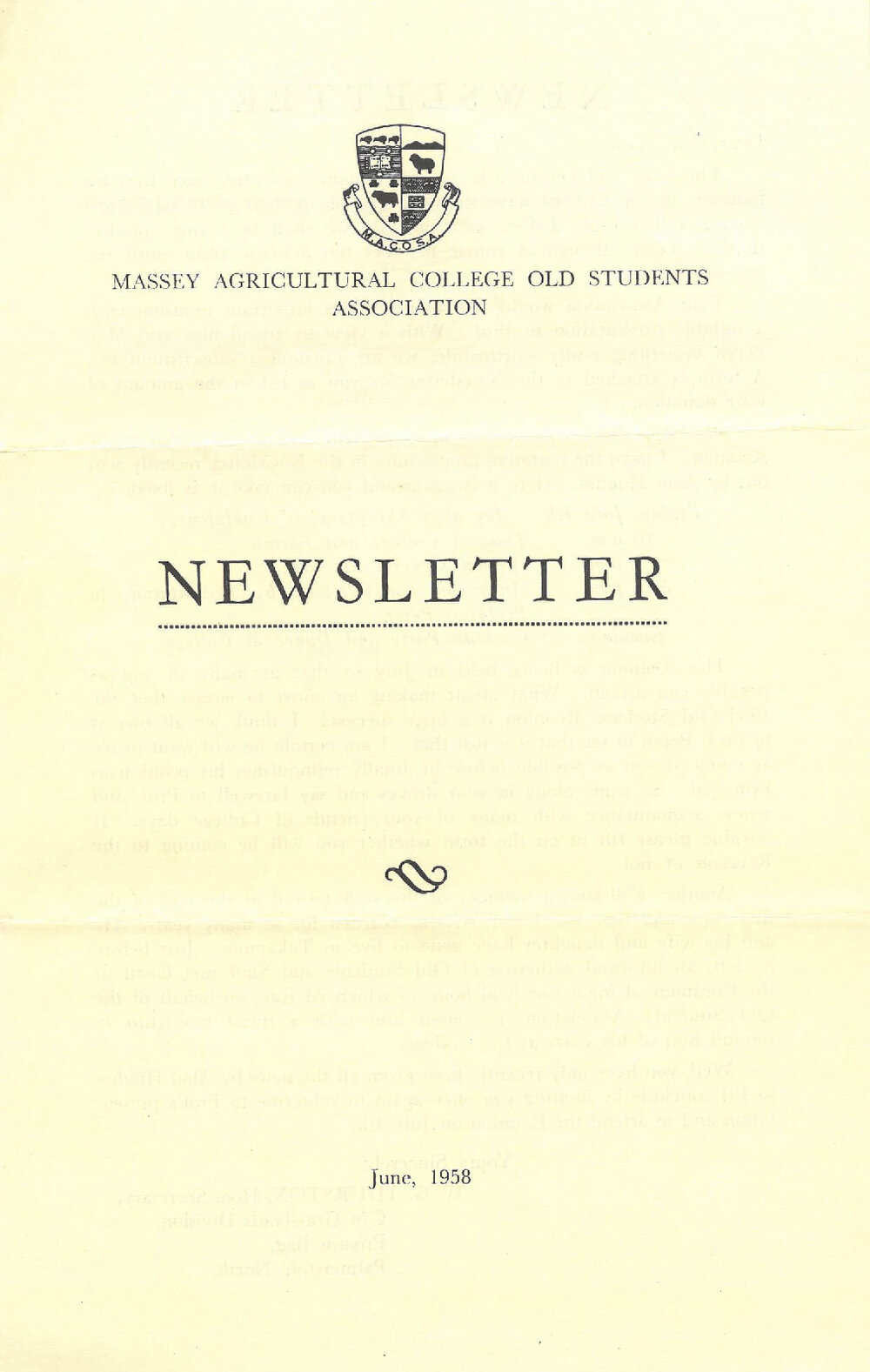 Massey Agricultural College Old Students Association newsletter, June 1958