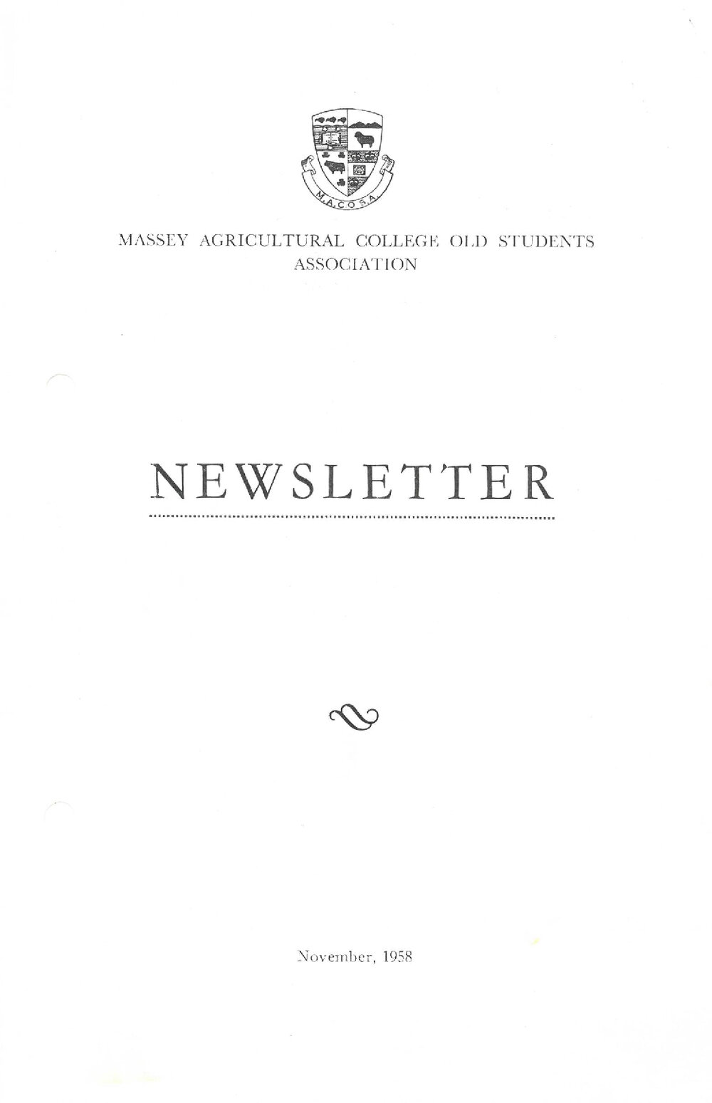 Massey Agricultural College Old Students Association newsletter, November 1958