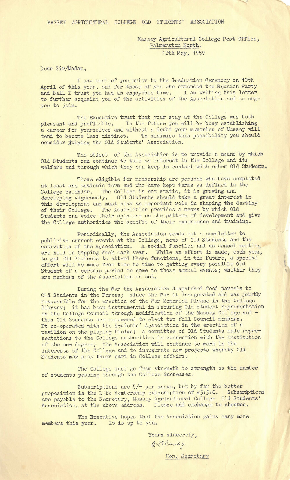 Massey Agricultural College Old Students Association newsletter subscription, 12 May 1959