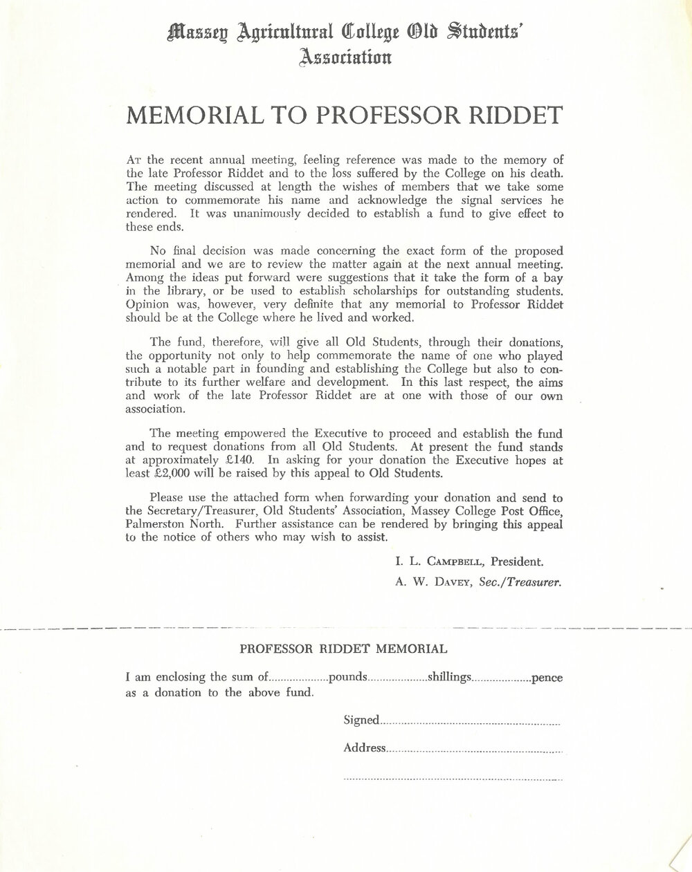 Massey Agricultural College Old Students Association memorial to Professor Riddet, 1959
