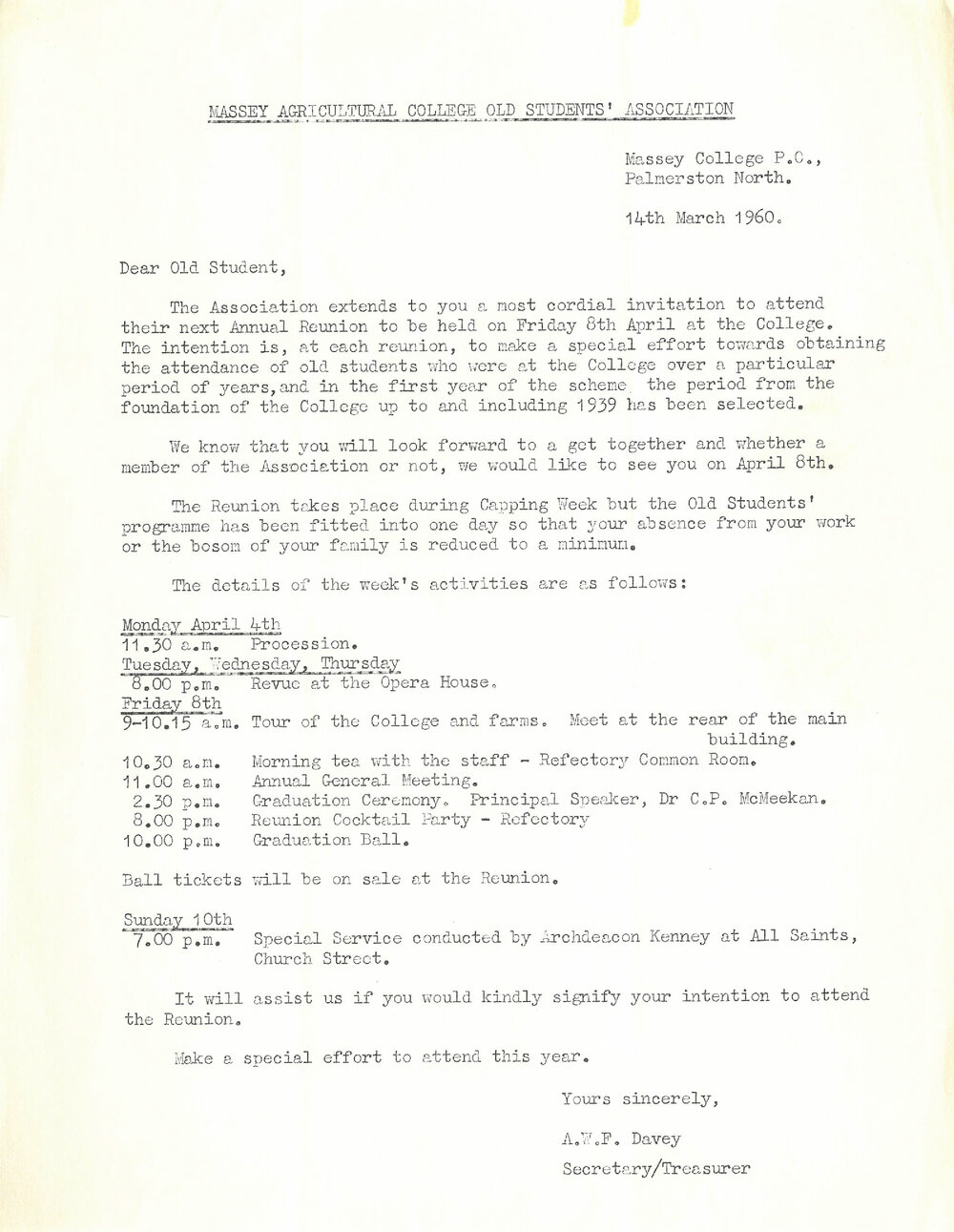 Massey Agricultural College Old Students Association annual reunion invitation, 14 March 1960