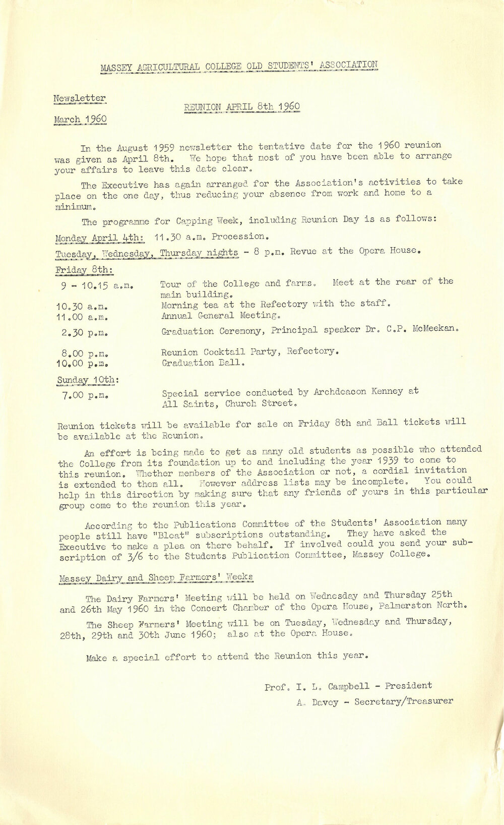 Massey Agricultural College Old Students Association newsletter, March 1960