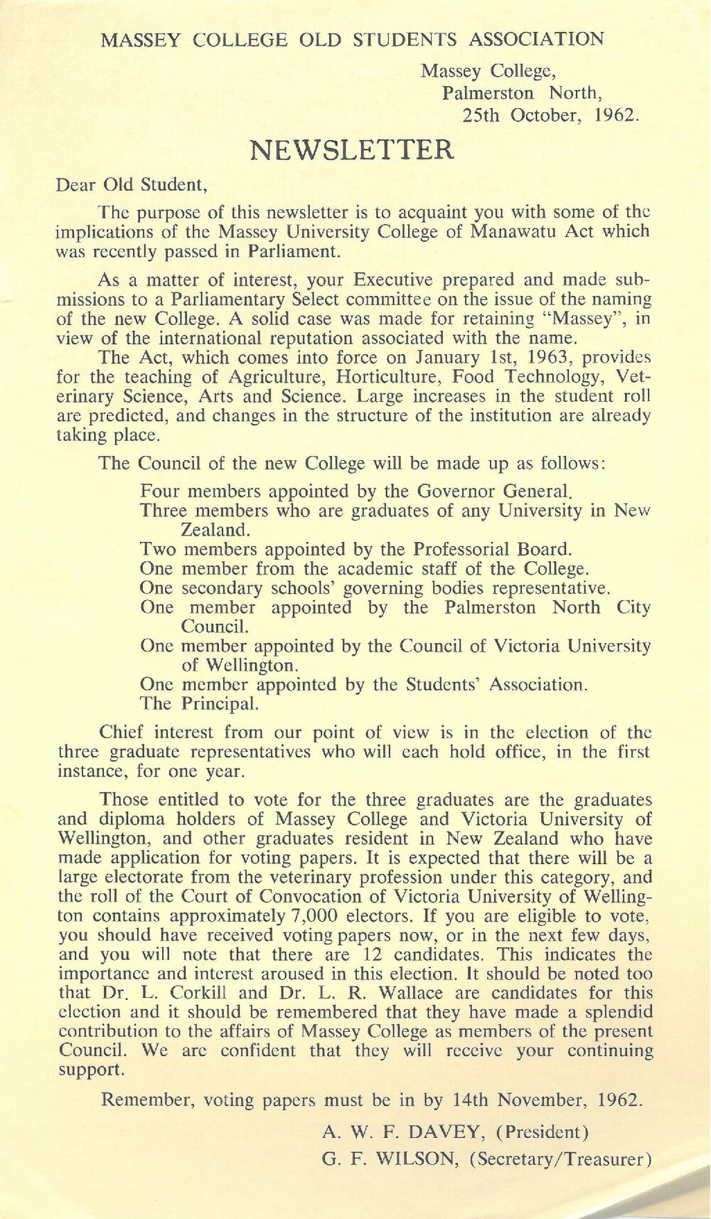 Massey College Old Students Association newsletter, 25 October 1962