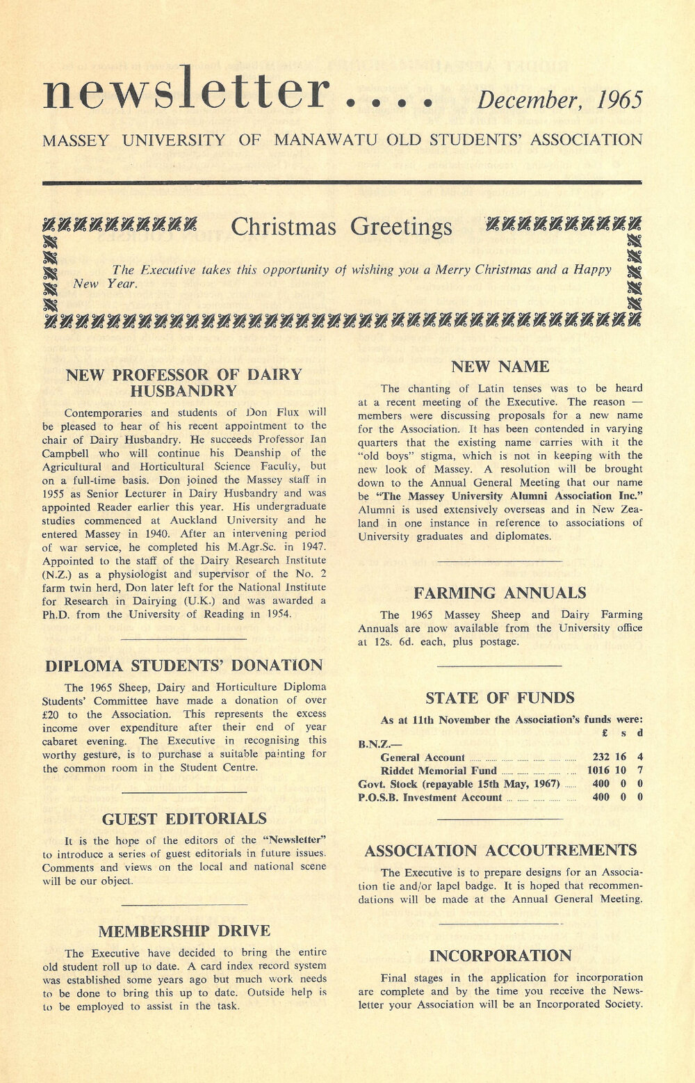 Massey University of Manawatu Old Students&rsquo; Association newsletter, December 1965