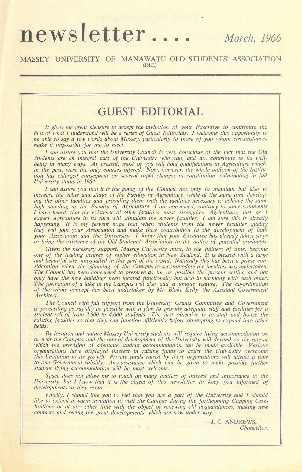 Massey University of Manawatu Old Students&rsquo; Association newsletter, March 1966