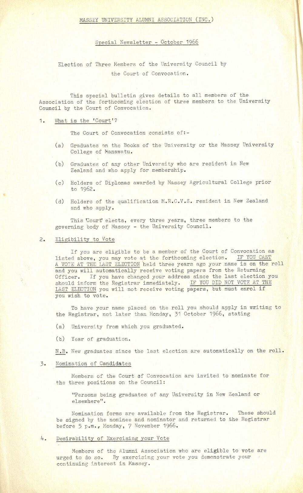 Massey University Alumni Association special newsletter, October 1966