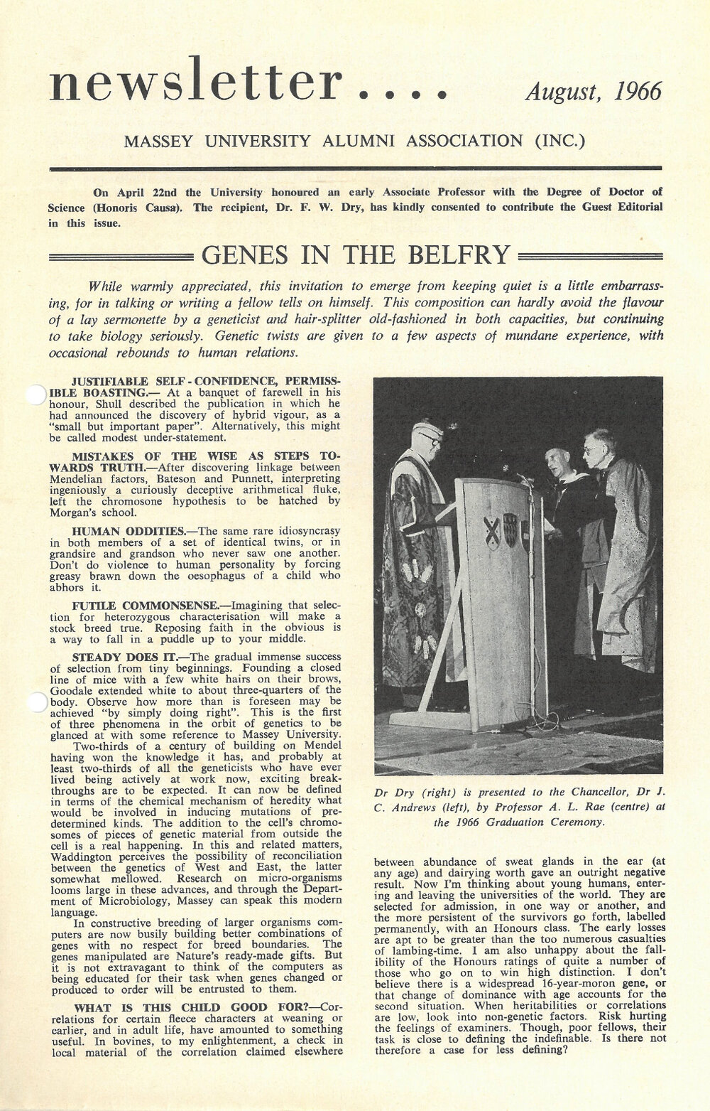 Massey University Alumni Association newsletter, August 1966