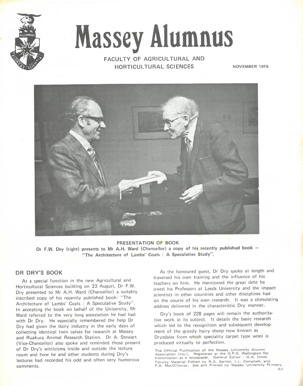 Massey Alumnus - Faculty of Agricultural and Horticultural Science, November 1976