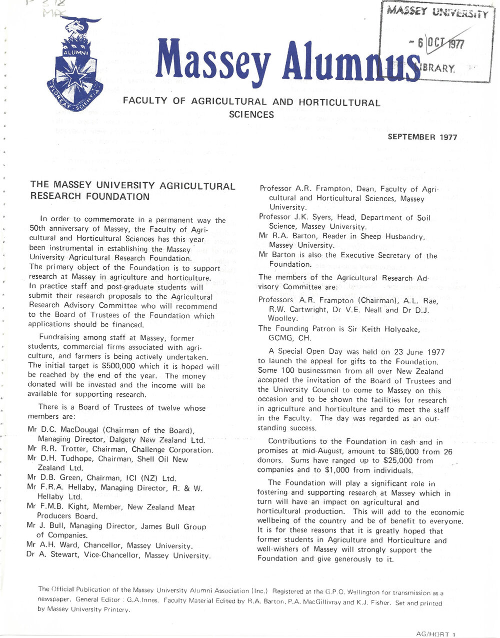 Massey Alumnus - Faculty of Agricultural and Horticultural Science, September 1977