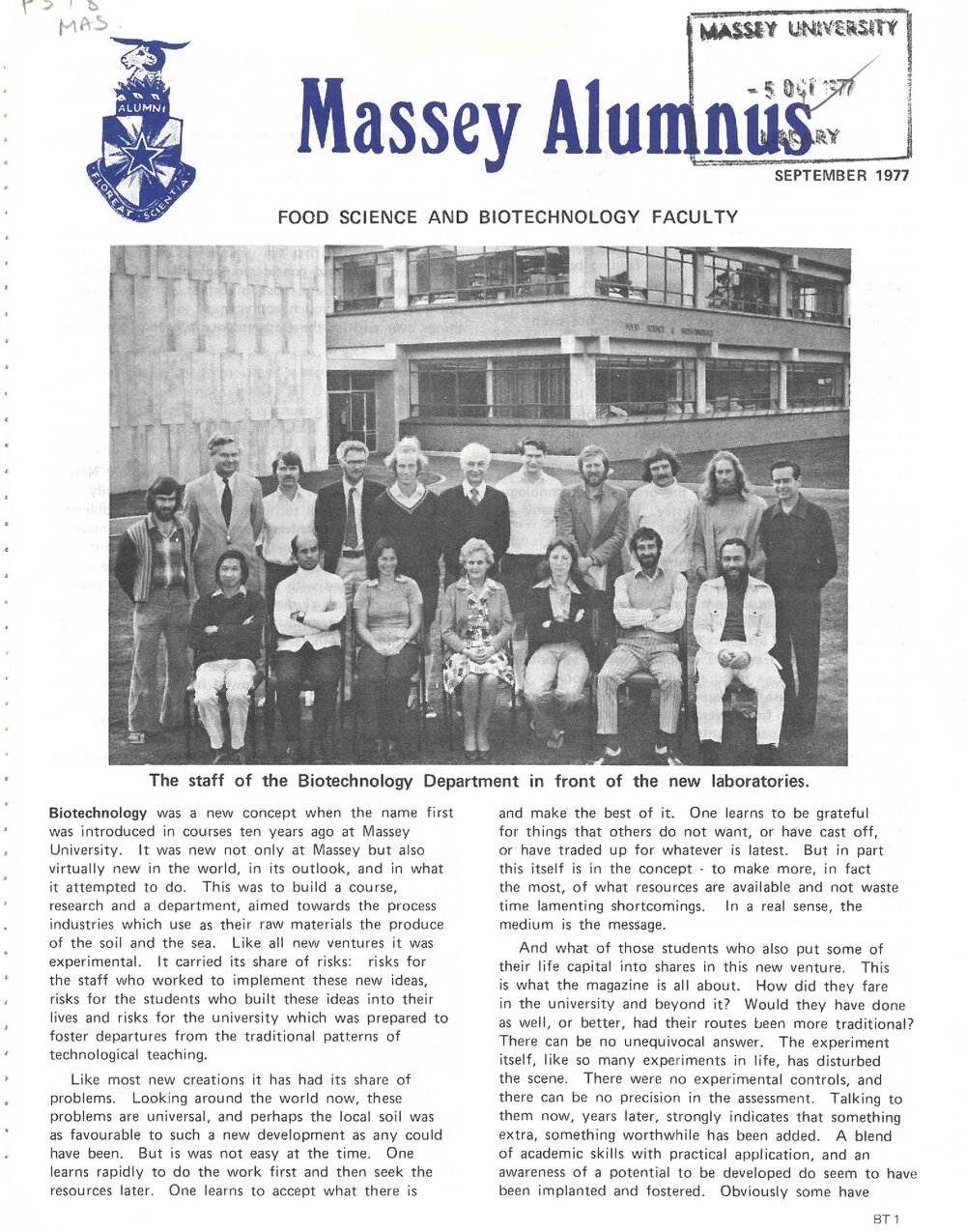 Massey Alumnus - Food Science and Biotechnology Faculty, September 1977