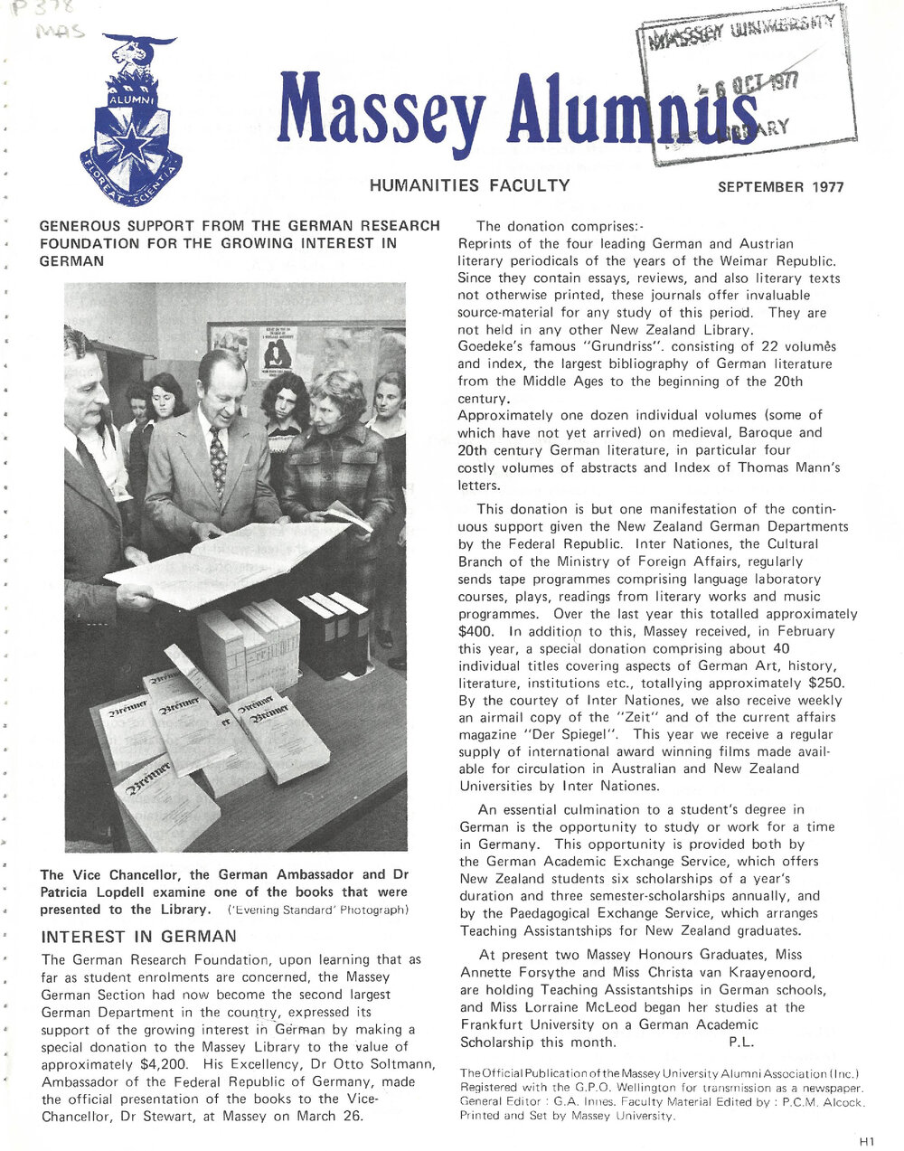 Massey Alumnus - Humanities Faculty, September 1977