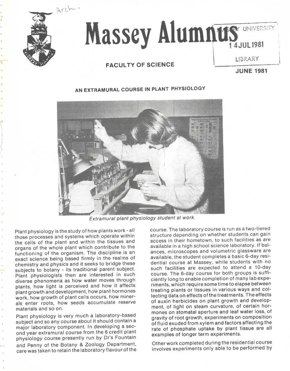 Massey Alumnus - Faculty of Science, June 1981