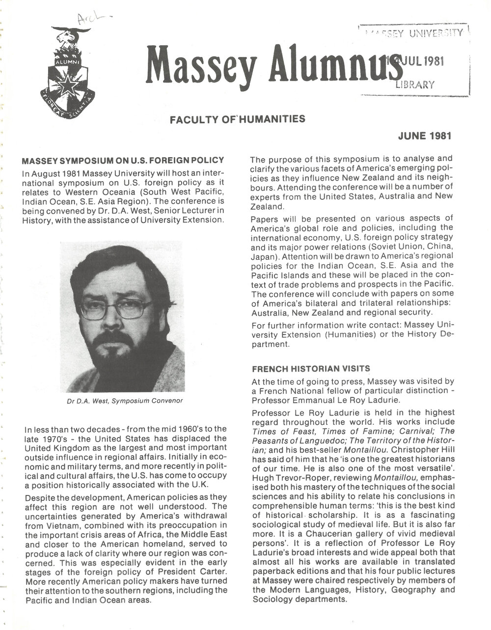 Massey Alumnus - Faculty of Humanities, June 1981