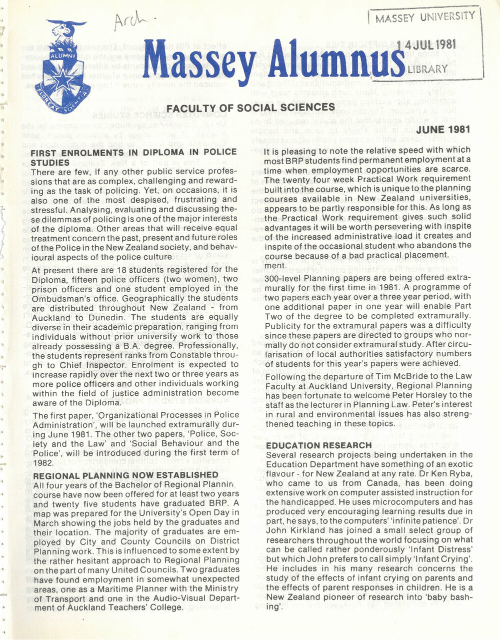 Massey Alumnus - Faculty of Social Sciences, June 1981