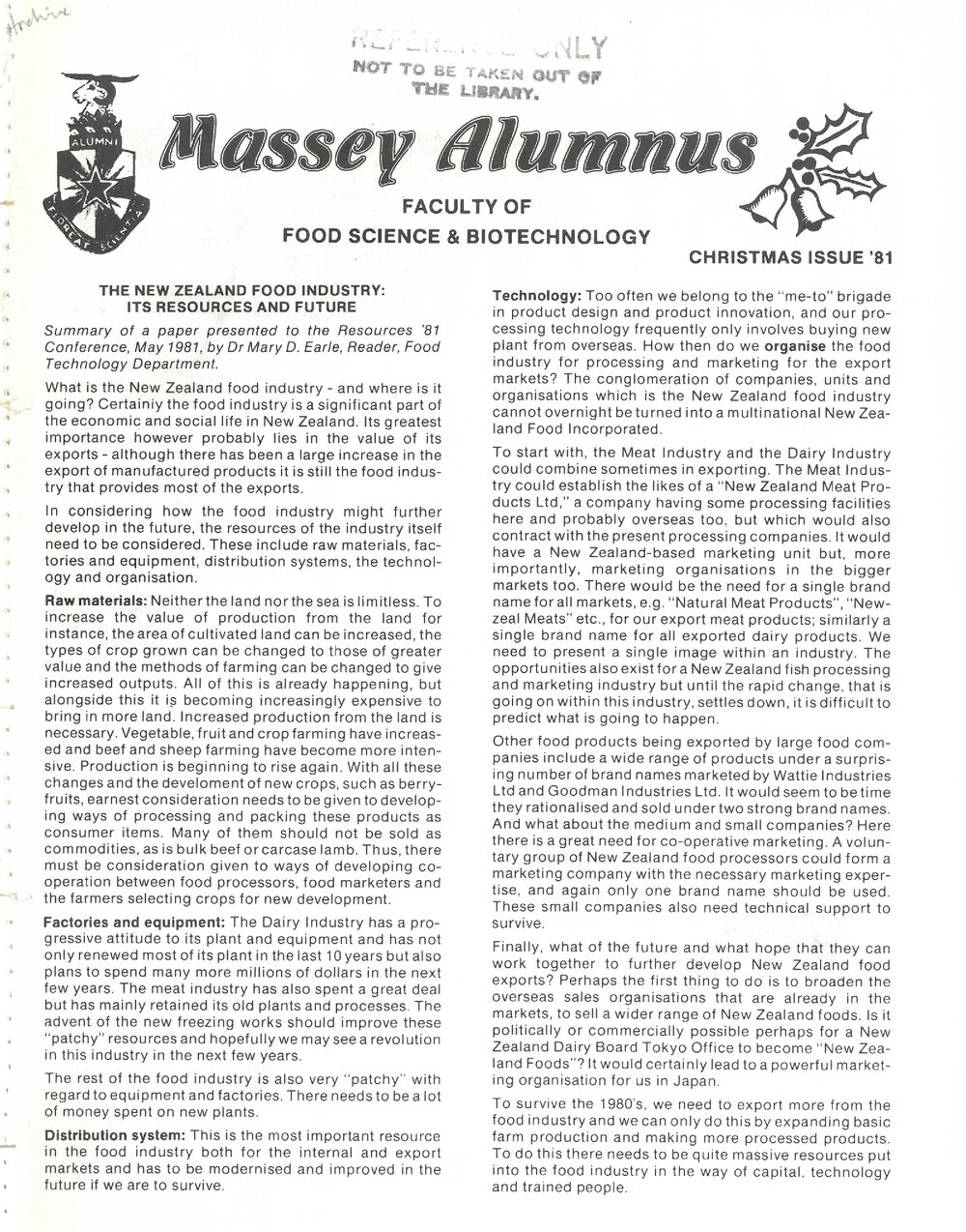 Massey Alumnus - Faculty of Food Science and Biotechnology, December 1981