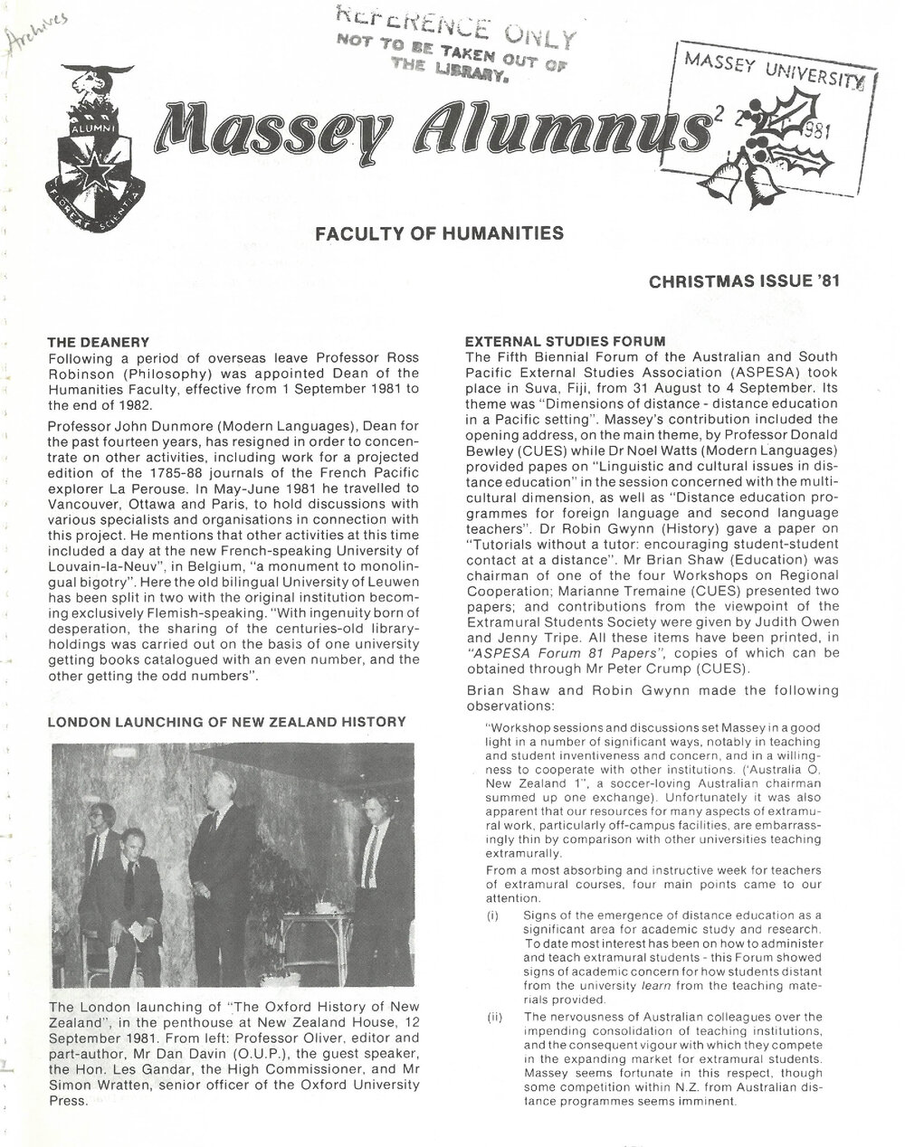 Massey Alumnus - Faculty of Humanities, December 1981