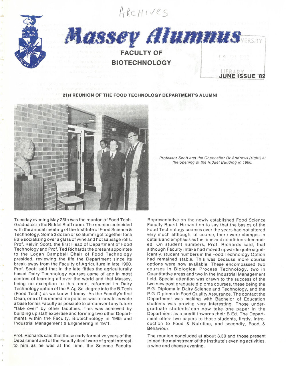 Massey Alumnus - Faculty of Biotechnology, June 1982