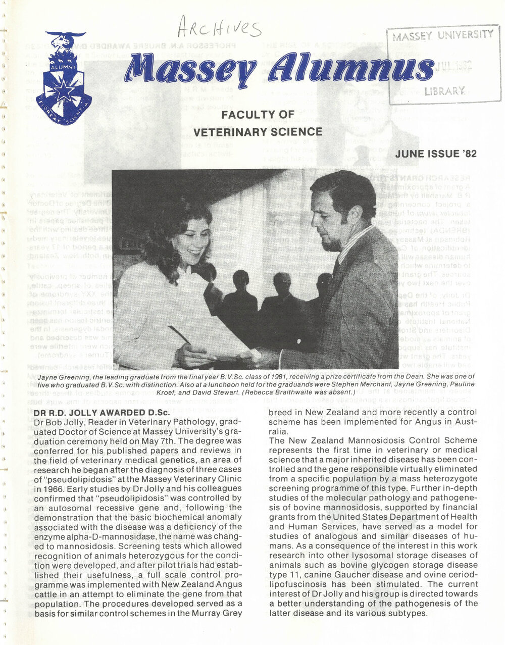 Massey Alumnus - Faculty of Veterinary Science, June 1982