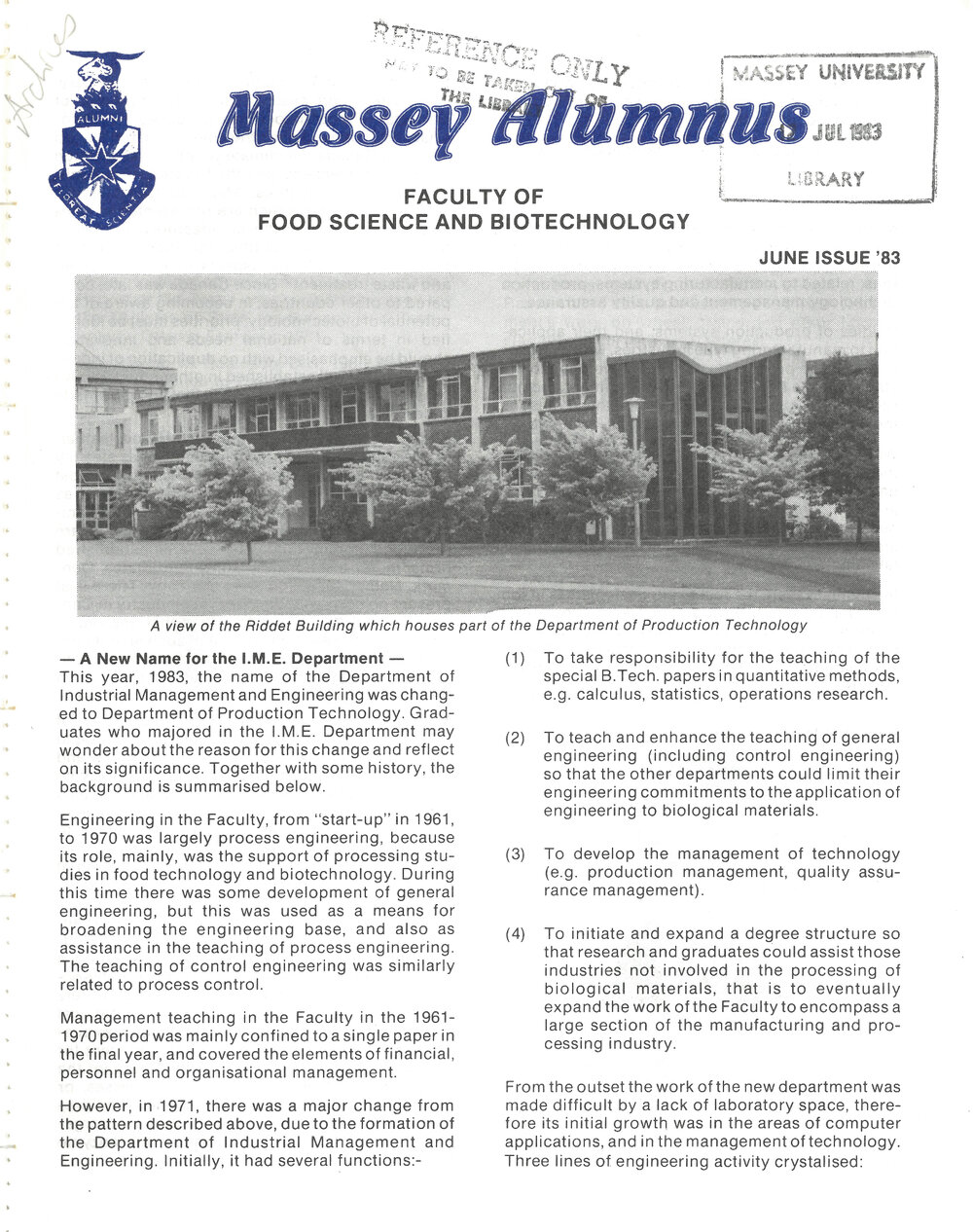 Massey Alumnus - Faculty of Food Science and Biotechnology, June 1983