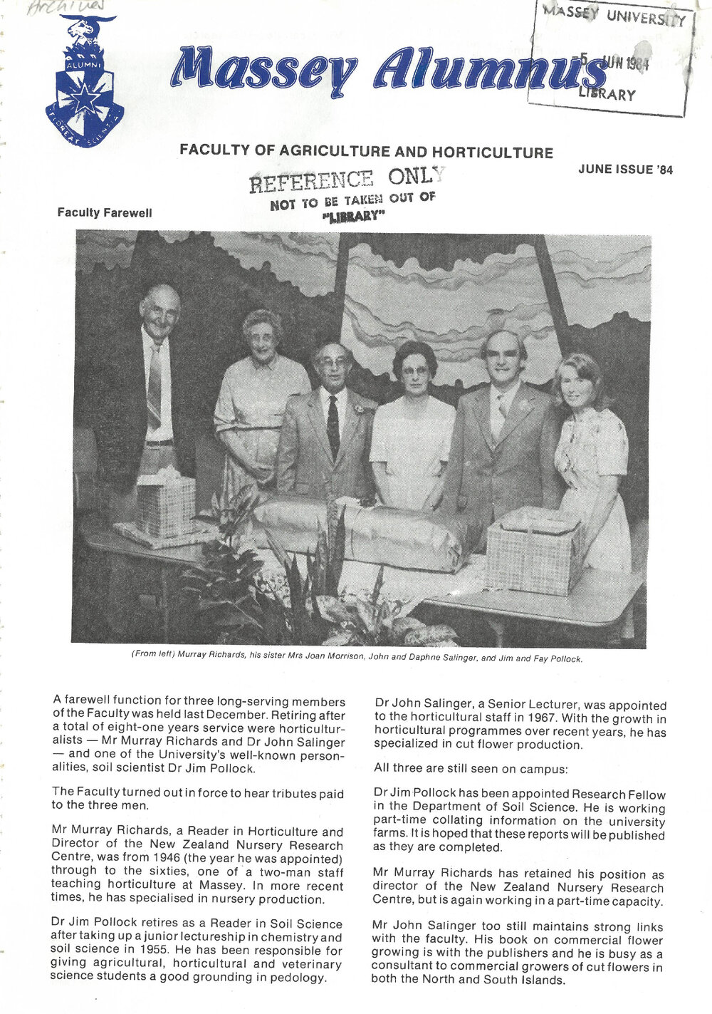 Massey Alumnus - Faculty of Agriculture and Horticulture, June 1984