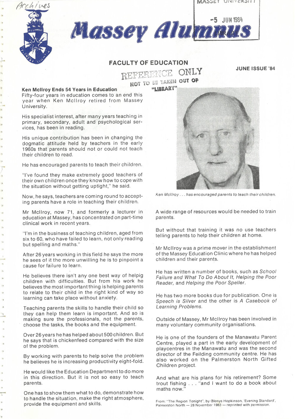 Massey Alumnus - Faculty of Education, June 1984