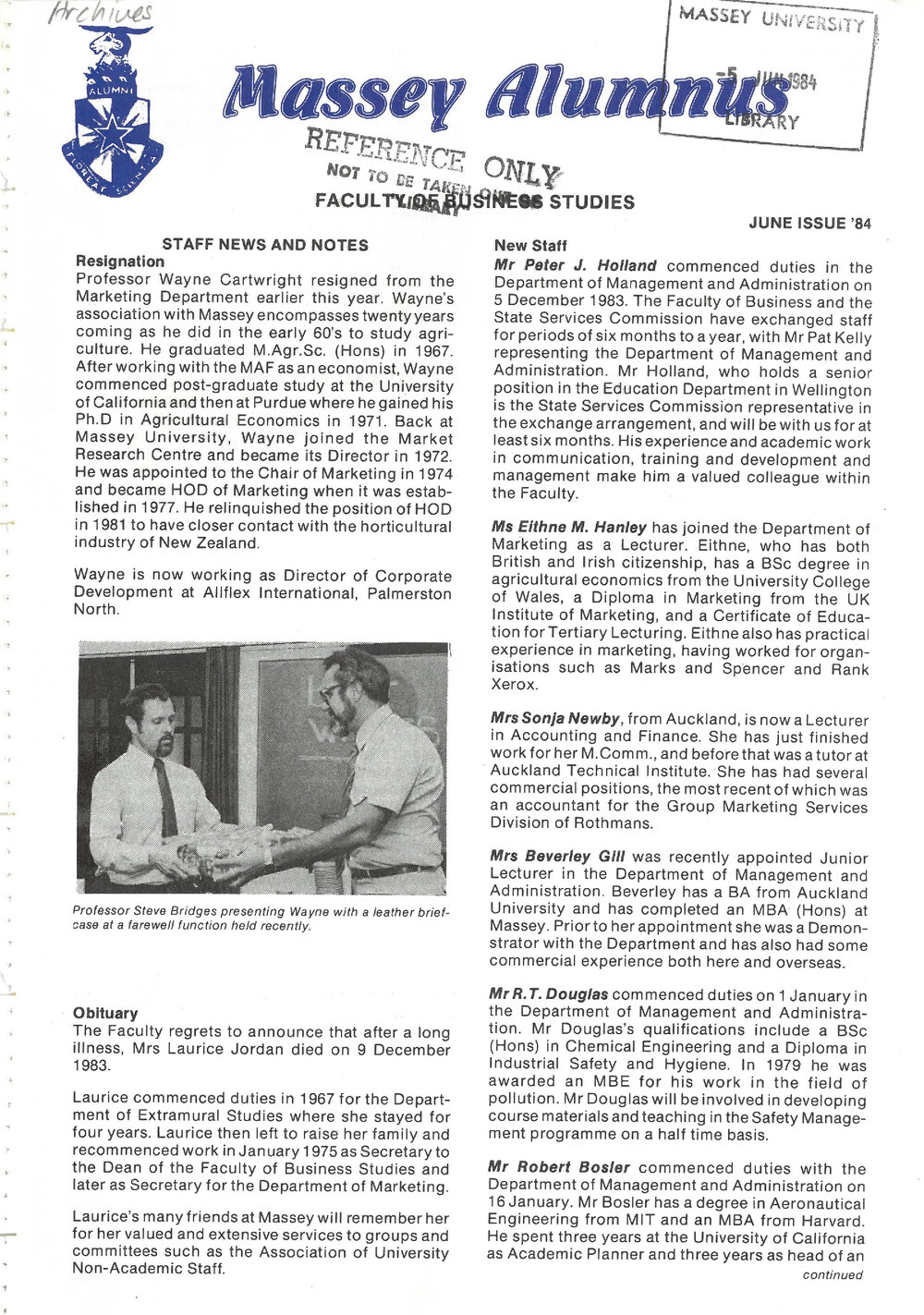 Massey Alumnus - Faculty of Business Studies, June 1984
