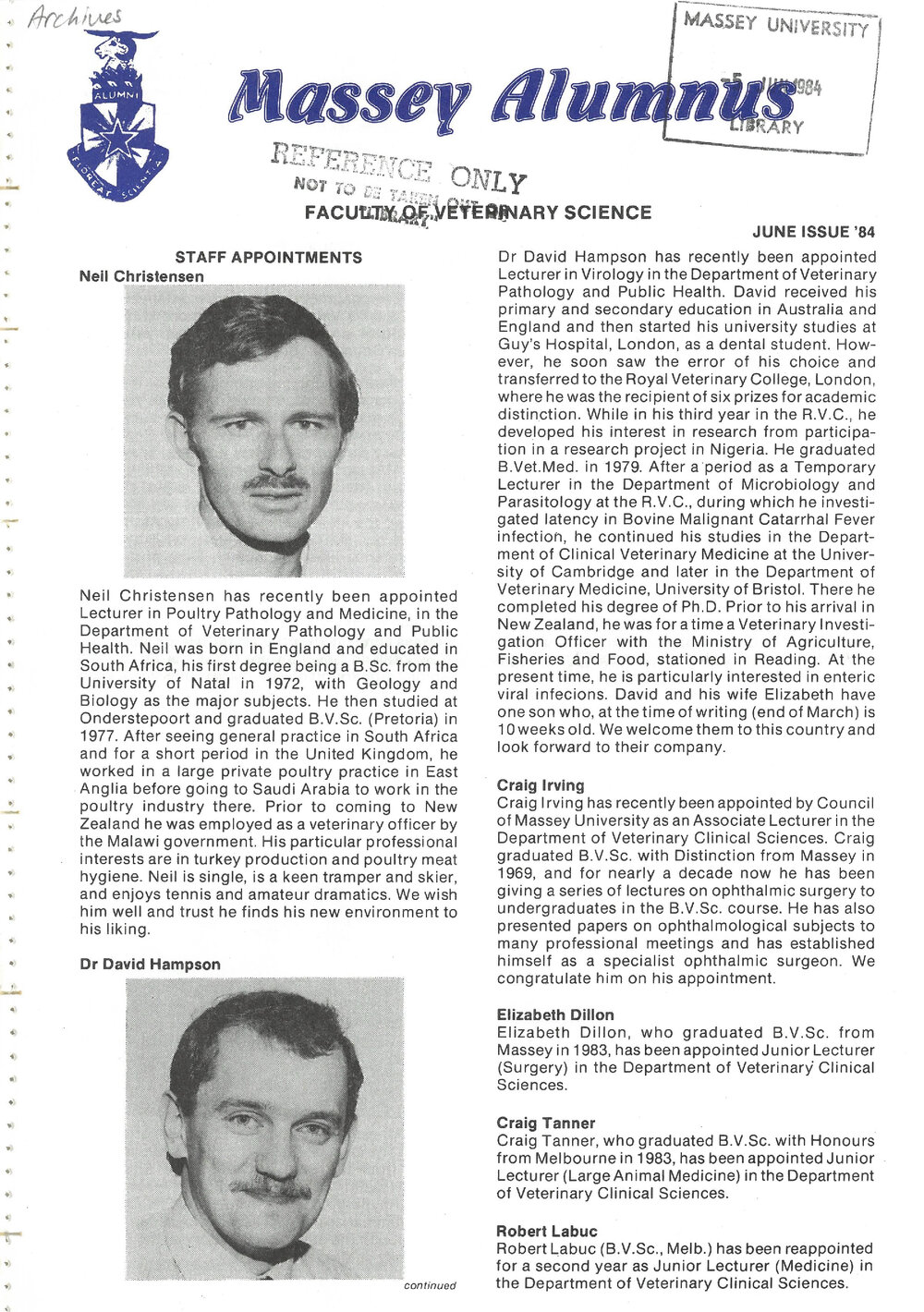 Massey Alumnus - Faculty of Veterinary Science, June 1984
