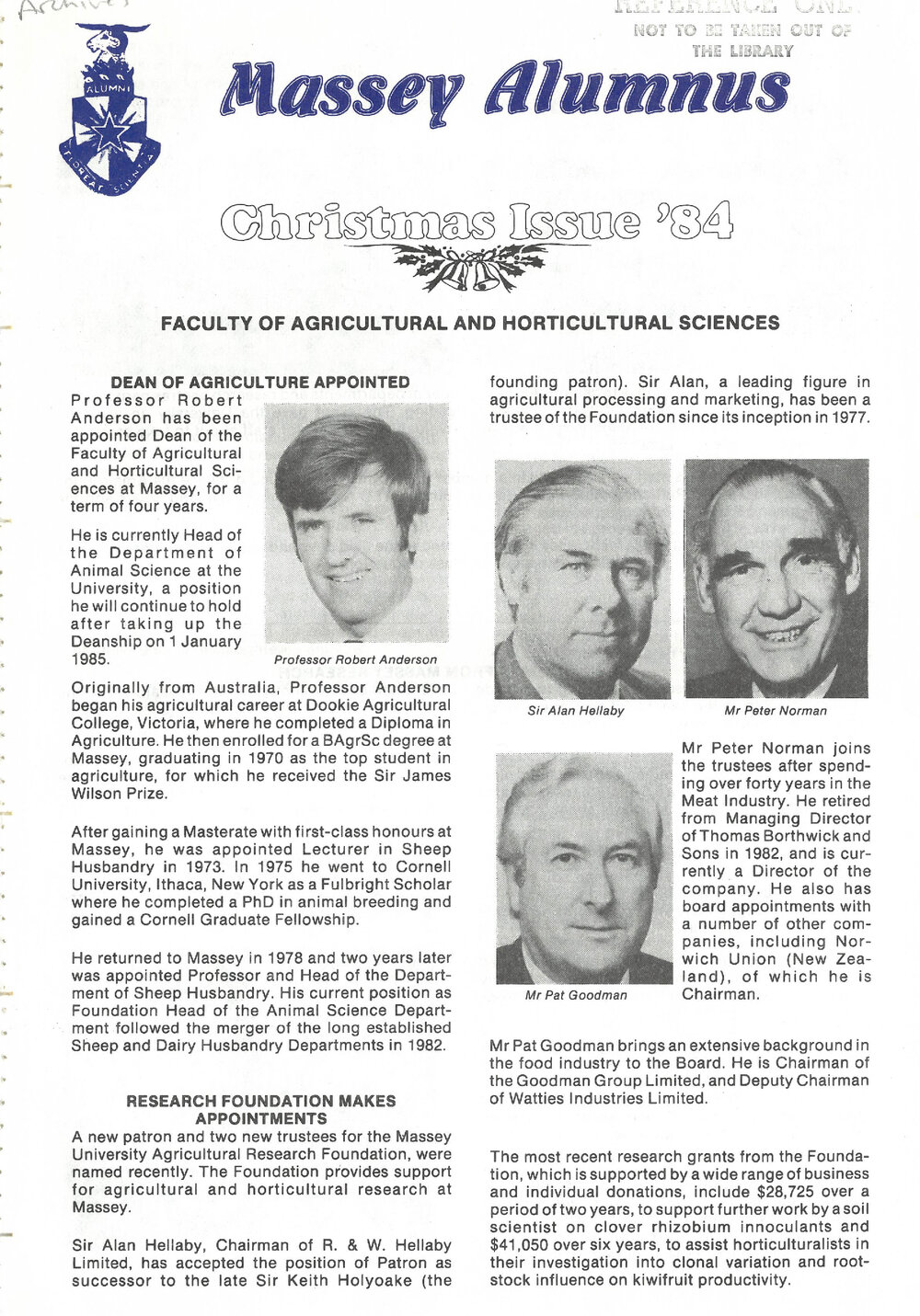 Massey Alumnus - Faculty of Agricultural and Horticultural Sciences, December 1984