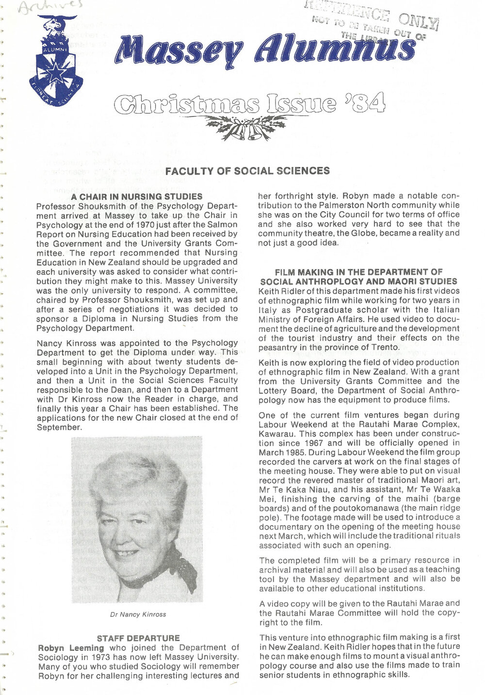 Massey Alumnus - Faculty of Social Sciences, December 1984