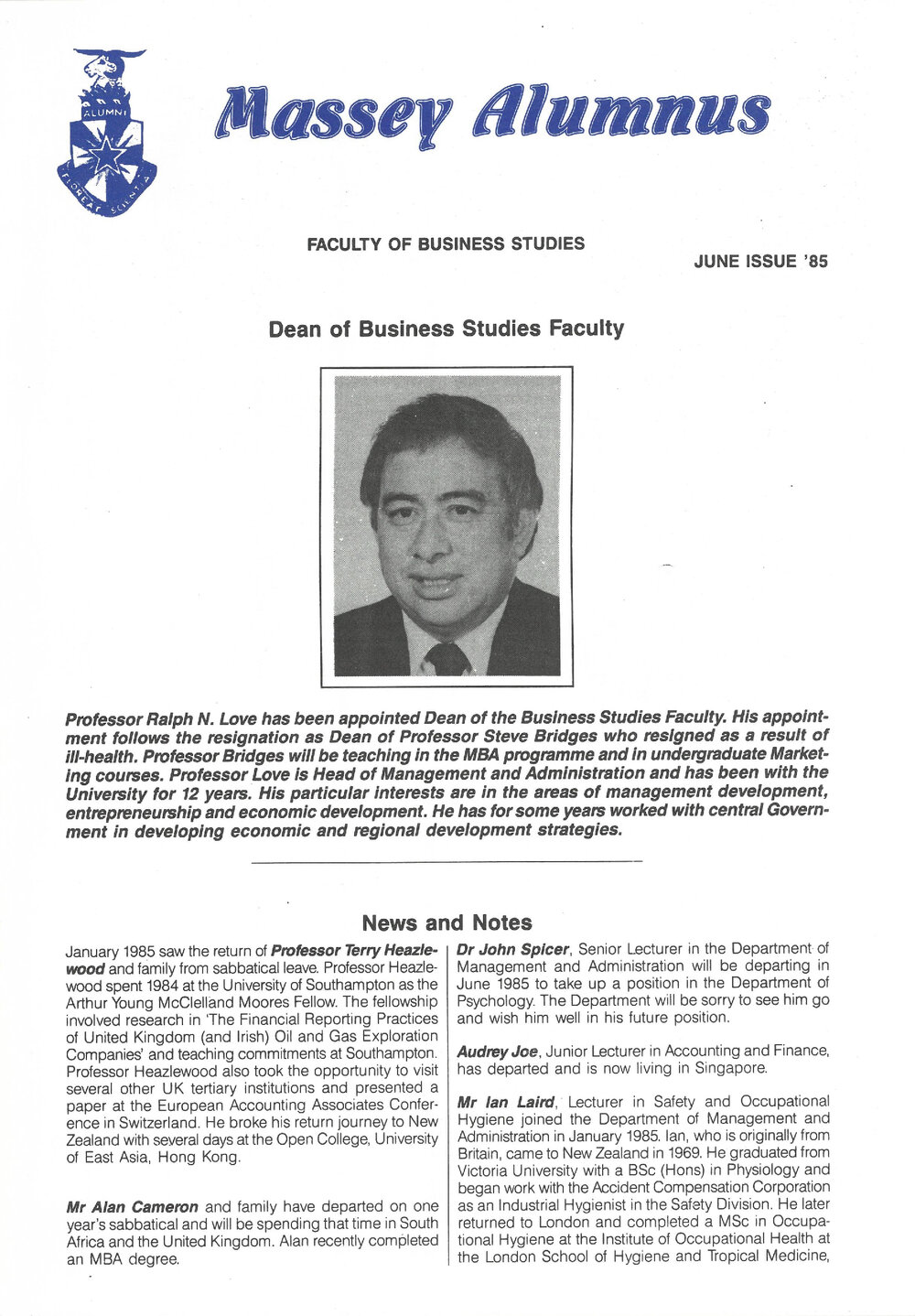 Massey Alumnus - Faculty of Business Studies, June 1985