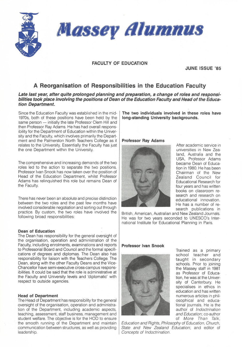 Massey Alumnus - Faculty of Education, June 1985