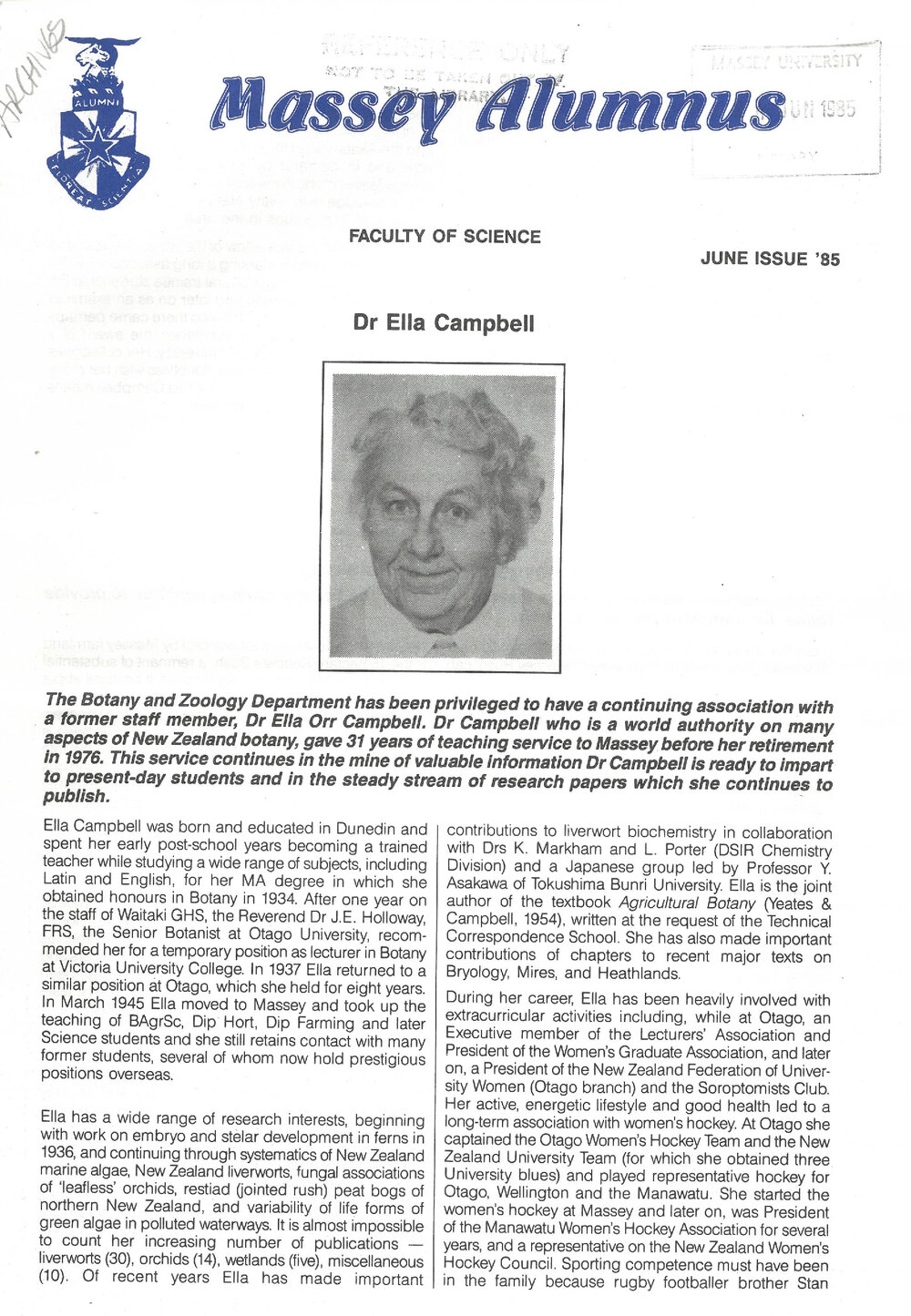 Massey Alumnus - Faculty of Science, June 1985