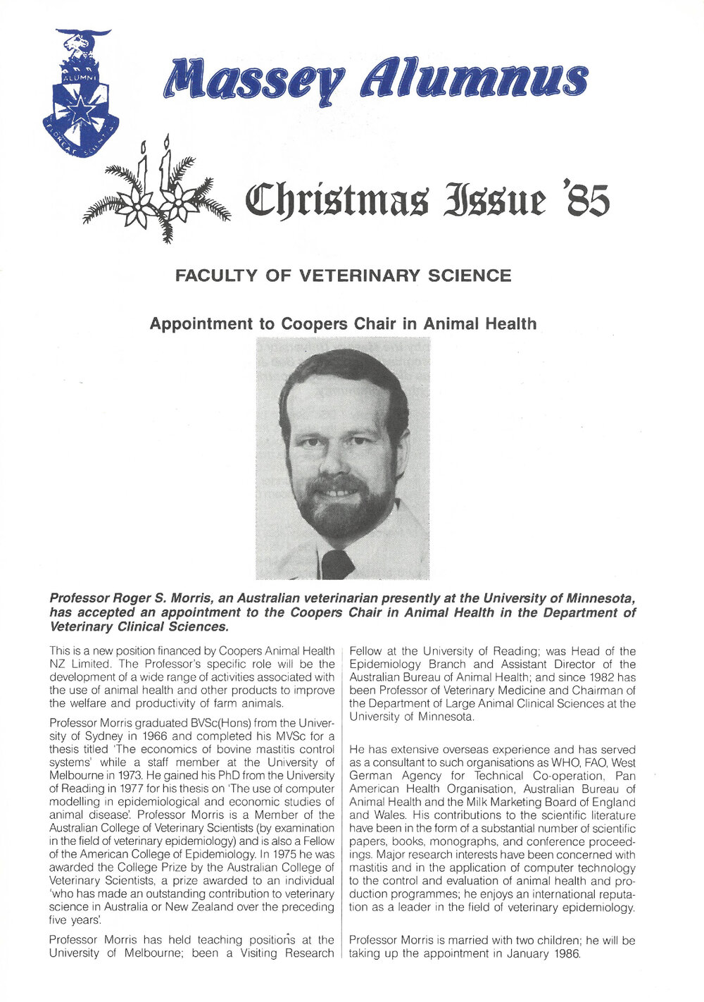 Massey Alumnus - Faculty of Veterinary Science, December 1985