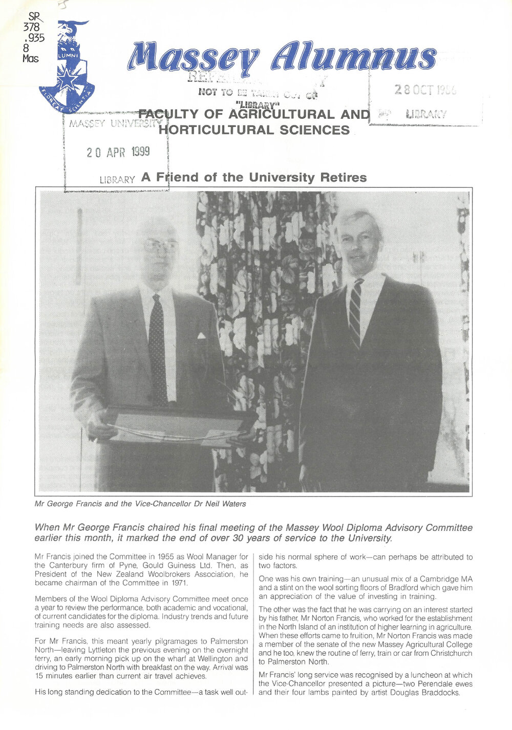 Massey Alumnus - Faculty of Agricultural and Horticultural Sciences, 1986