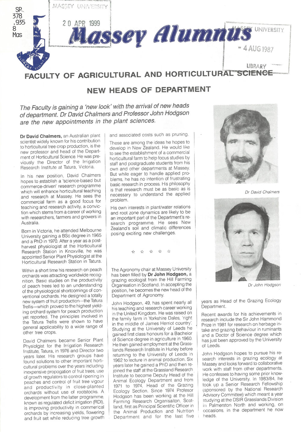 Massey Alumnus - Faculty of Agricultural and Horticultural Science, June 1987