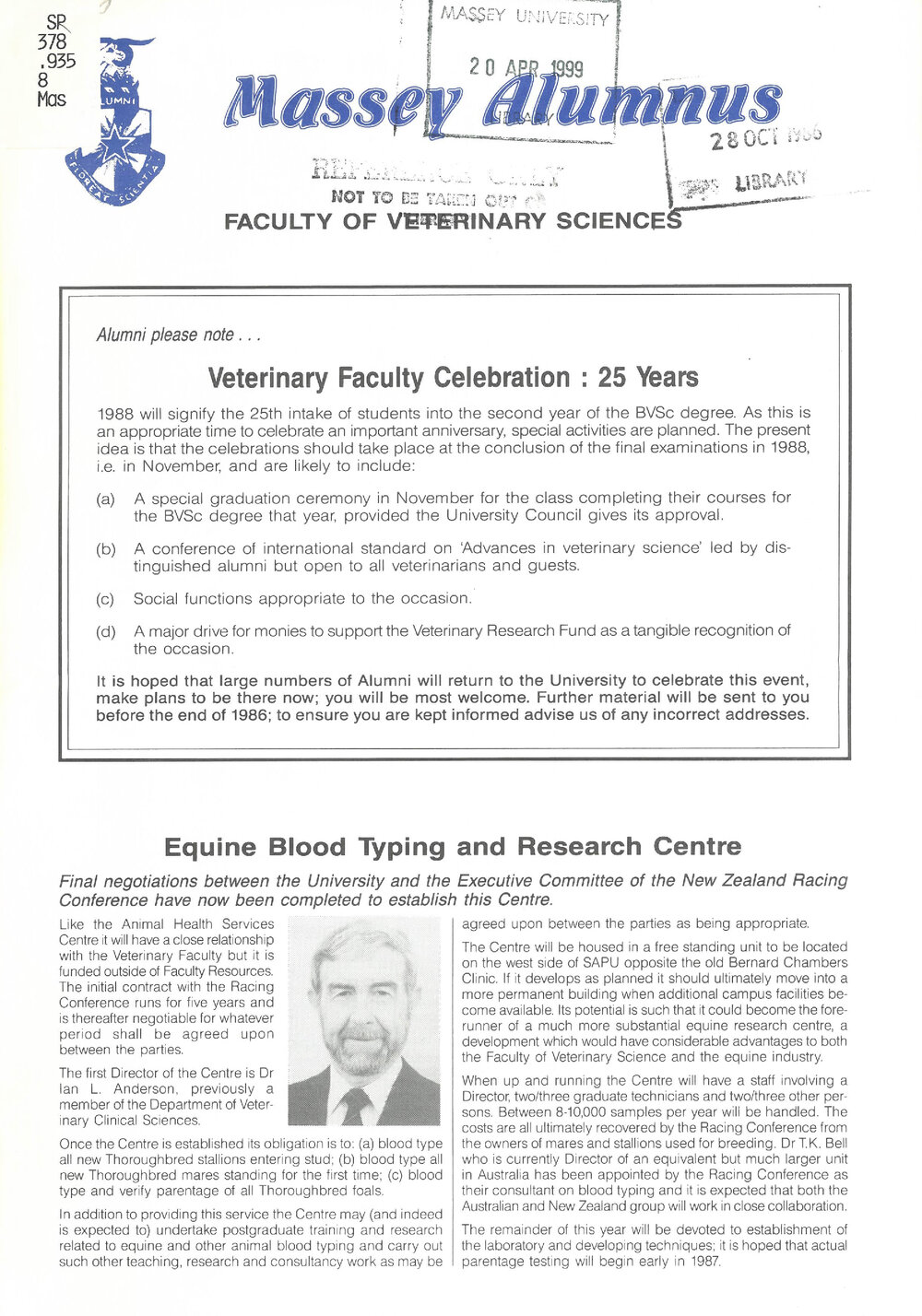 Massey Alumnus - Faculty of Veterinary Science, 1986