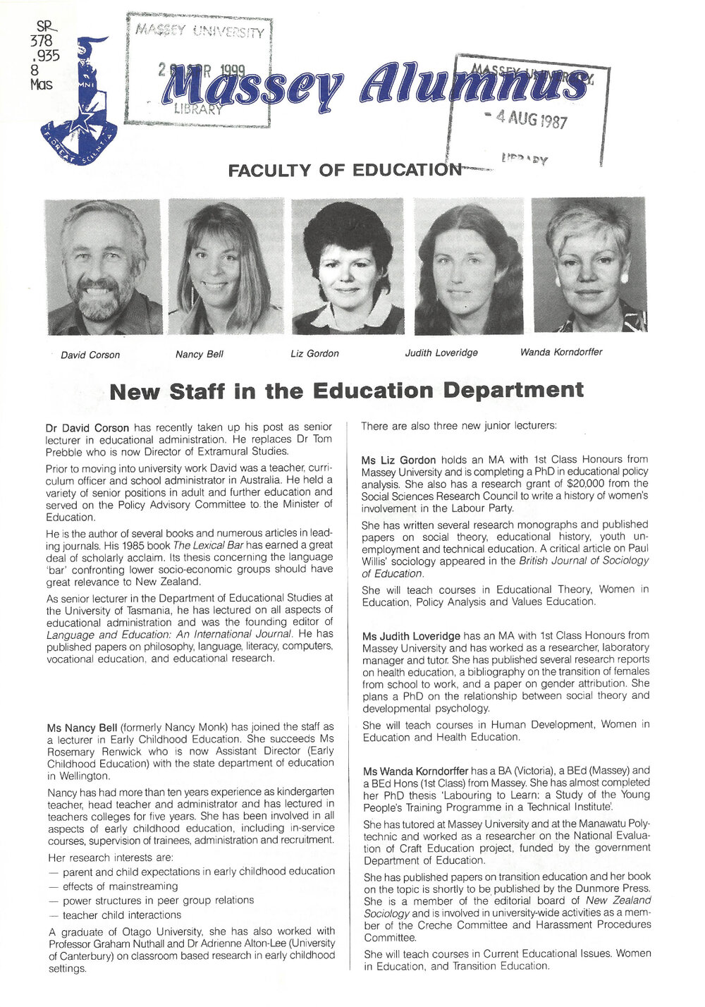 Massey Alumnus - Faculty of Education, June 1987