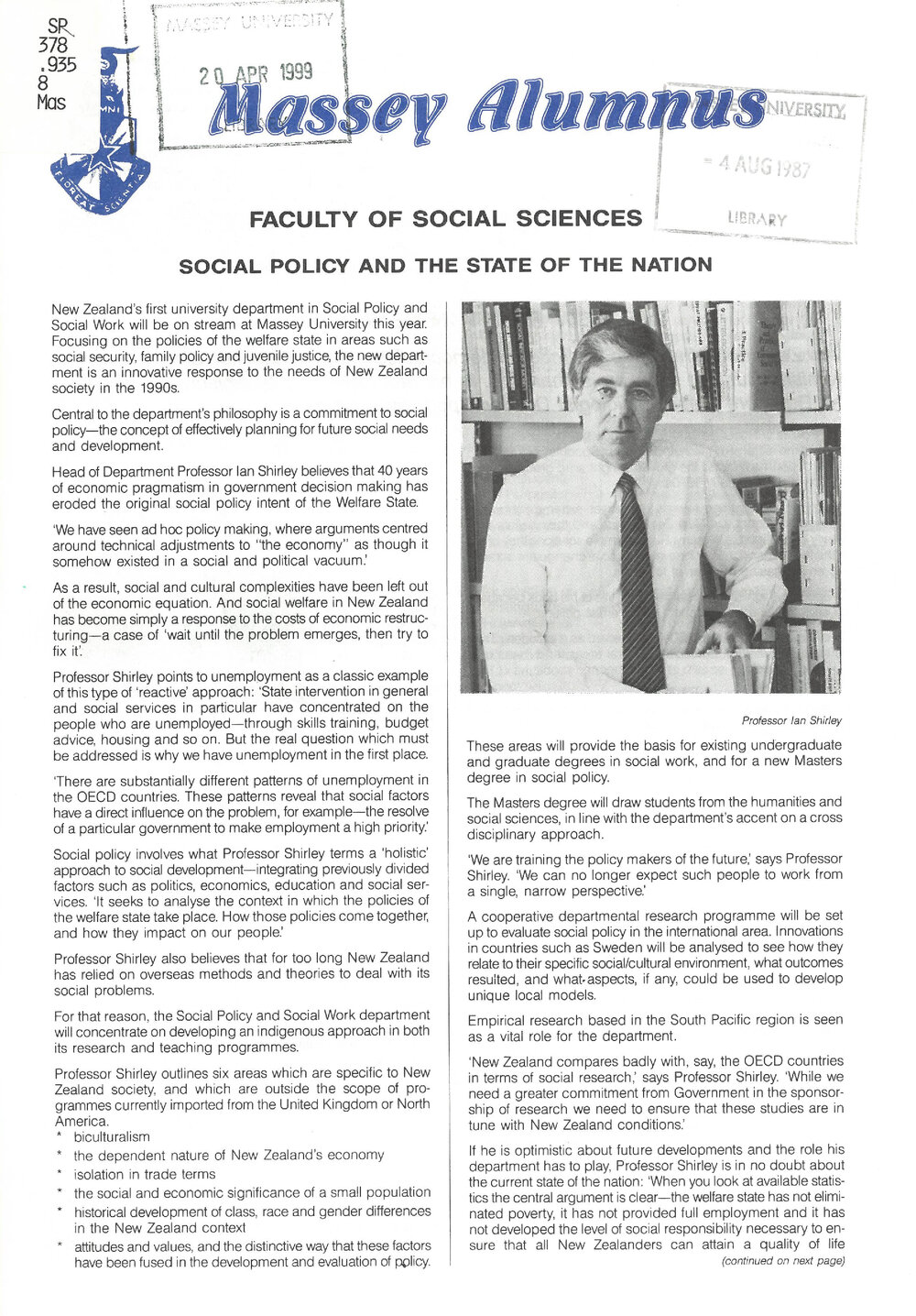 Massey Alumnus - Faculty of Social Sciences, June 1987